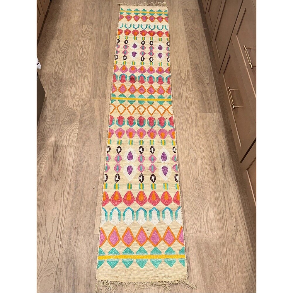 Anthropologie Jute Cotton Embroidered Table Runner 16x90 Boho Multicolor READ